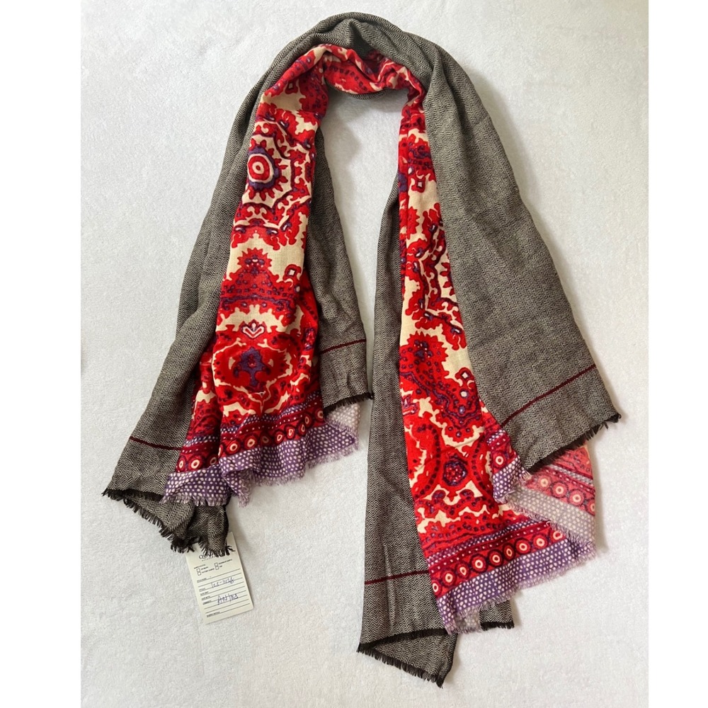 NWT Quagga Scarf Brown Red Herringbone Paisley Mixed Print Fringe Sample OS
